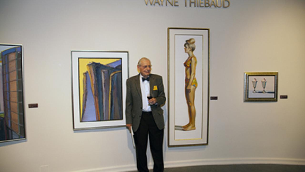 Photo: Wayne Thiebaud and some of his paintings at the California Museum