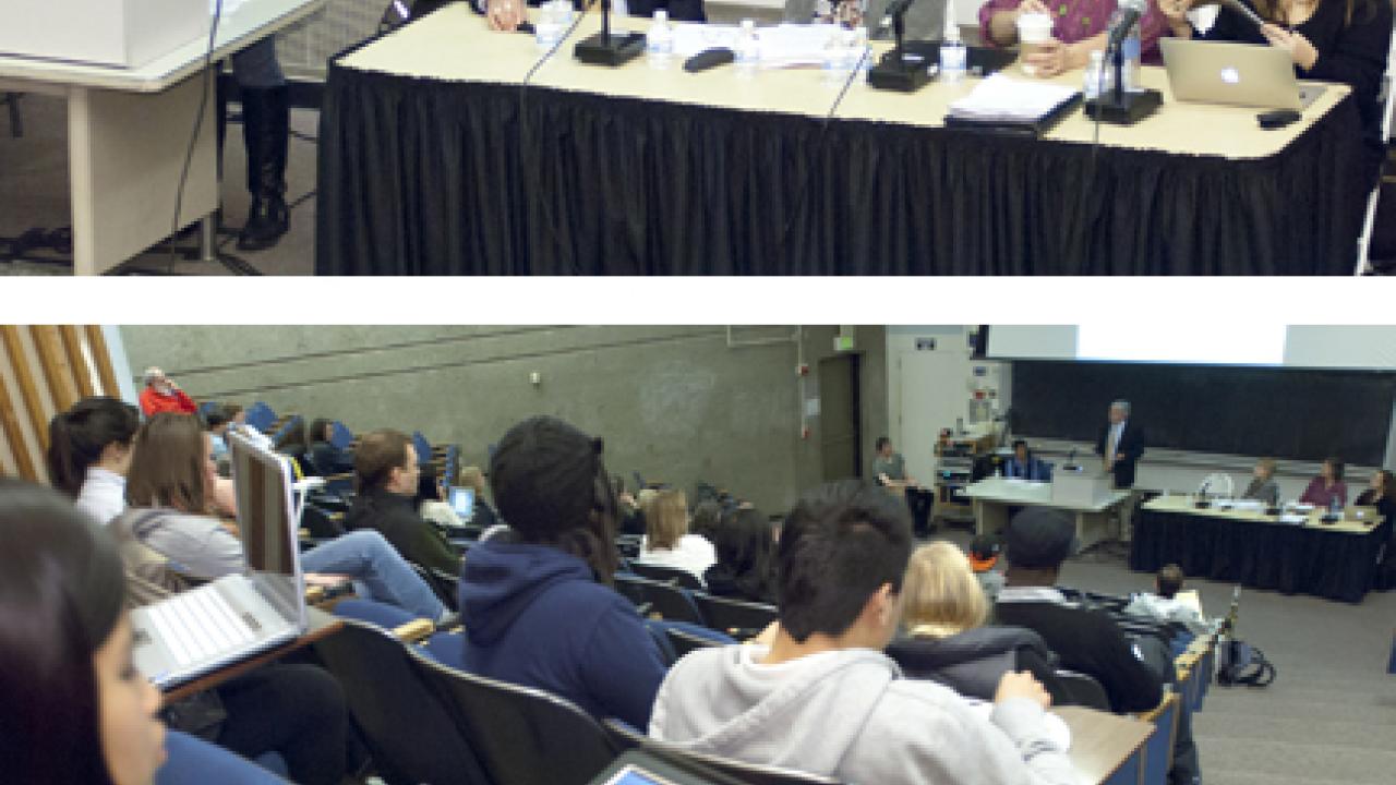 Photos (2): Aparna Sinha, co-chair of the Education Graduate Student Association, at the podium, next to the "UC Davis 101" panel; and the audience.