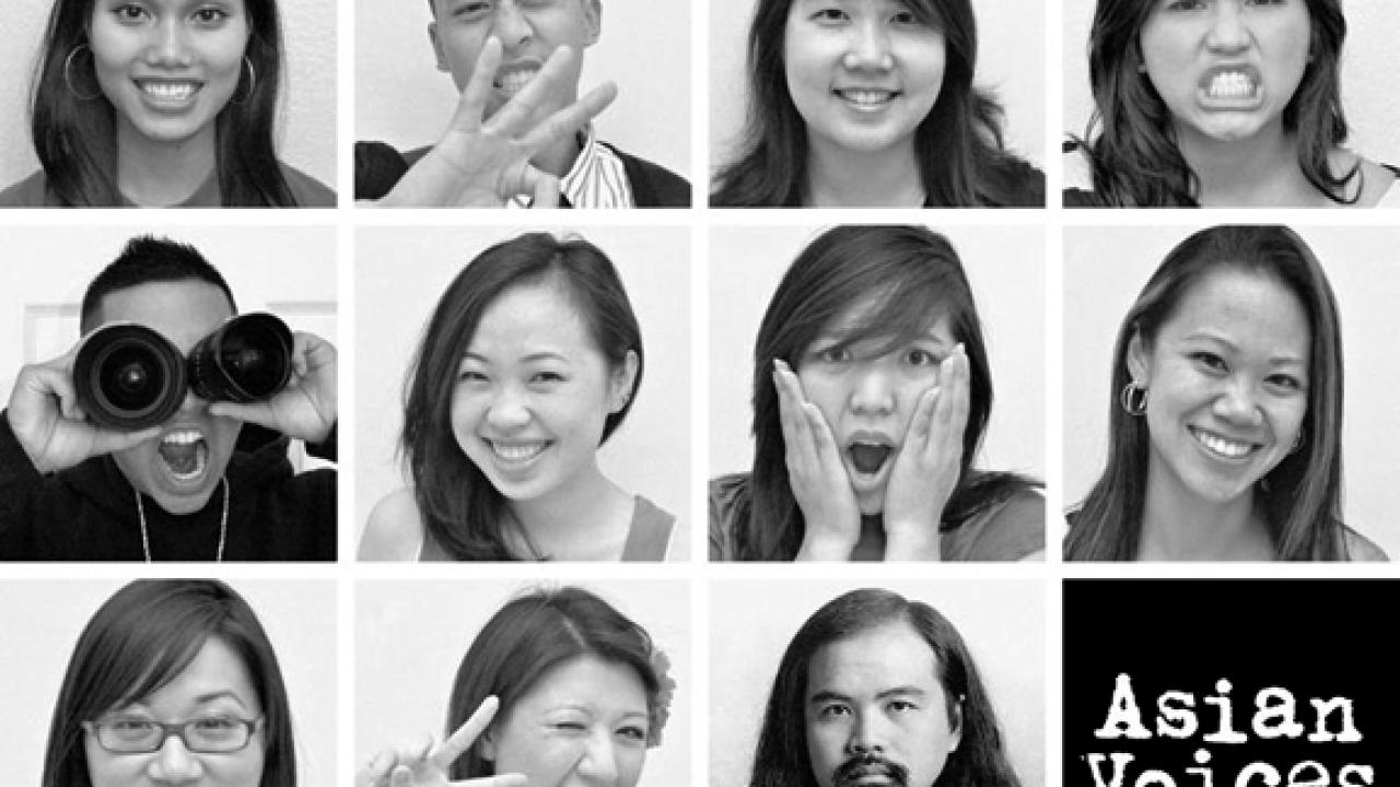 Collage: Photos of Asian Voices student performers and their teacher, Alex Luu, with the Asian Voices logo.