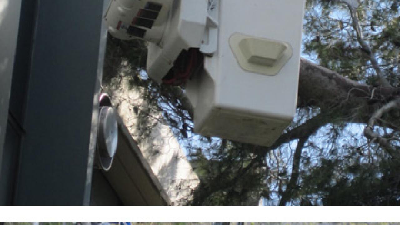 Photos (2): John McKnight takes his chain saw to the limbs that fell into a Tercero residence hall. A bicycle wheel, after being hit by a tree limb.
