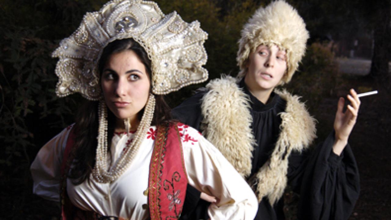 Gia Battista and Heidi Kendrick. dressed as a male, in UC Davis' forthcoming production of The Winter's Tale.