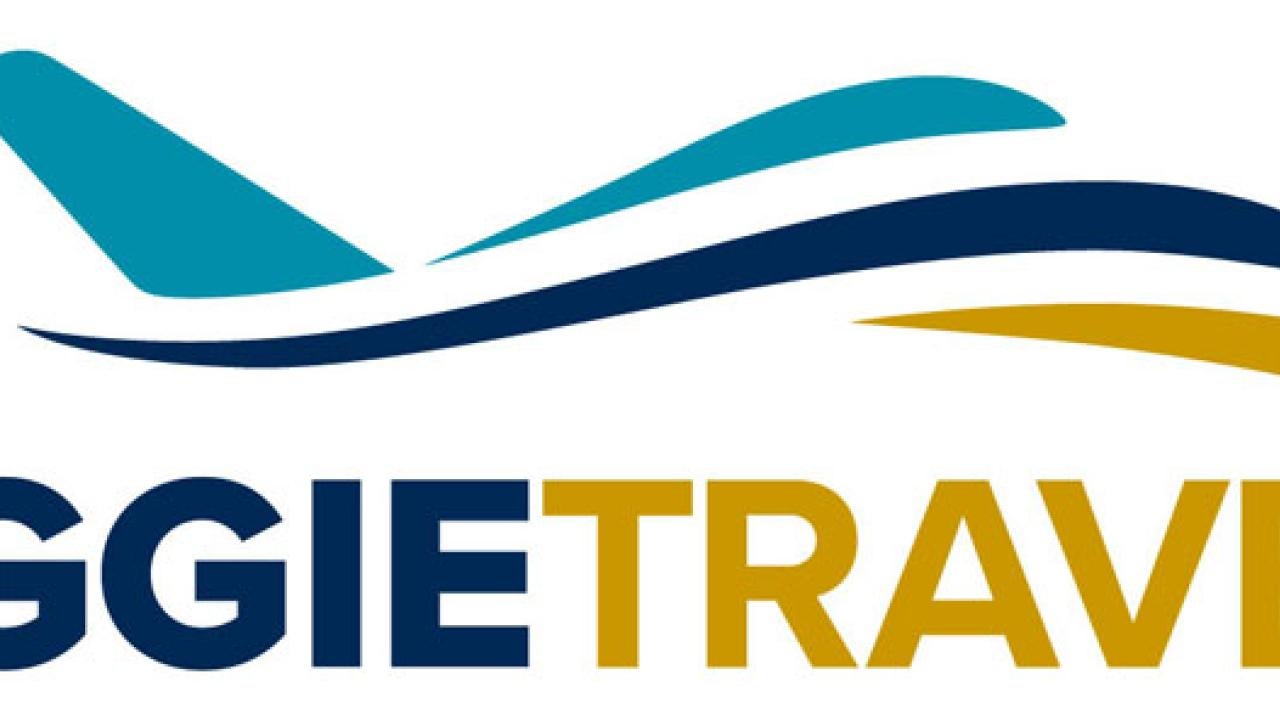 Lblue-and-gold "swoosh"-style lines, depicting airplaneogo: AggieTravel under 