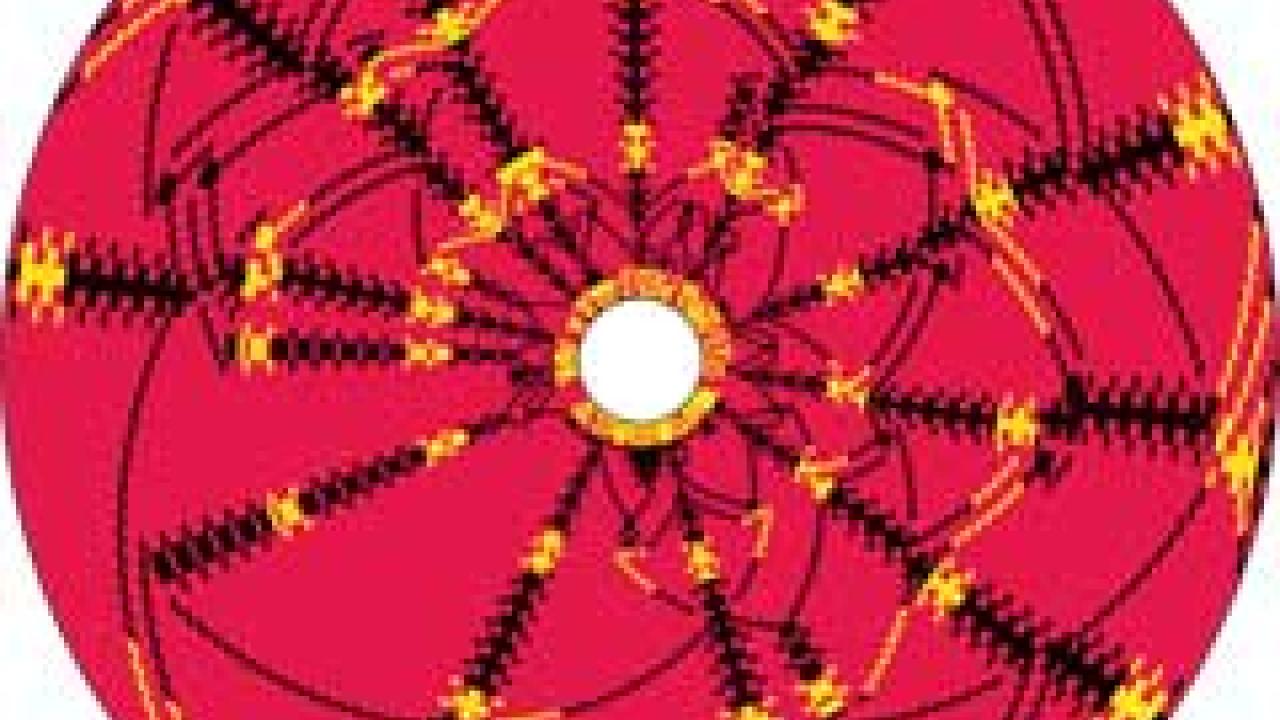 Graphic: Red circle with black and yellow designs inside.