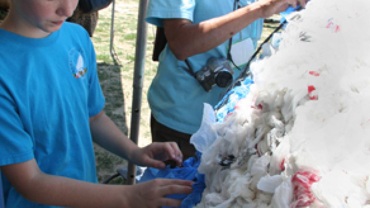 Photo: Seventh-grader Margo Wagner of Alexandria, Va., stuffs plastic bags into a wire-framed sphere, helping to create a globe of the Earth.