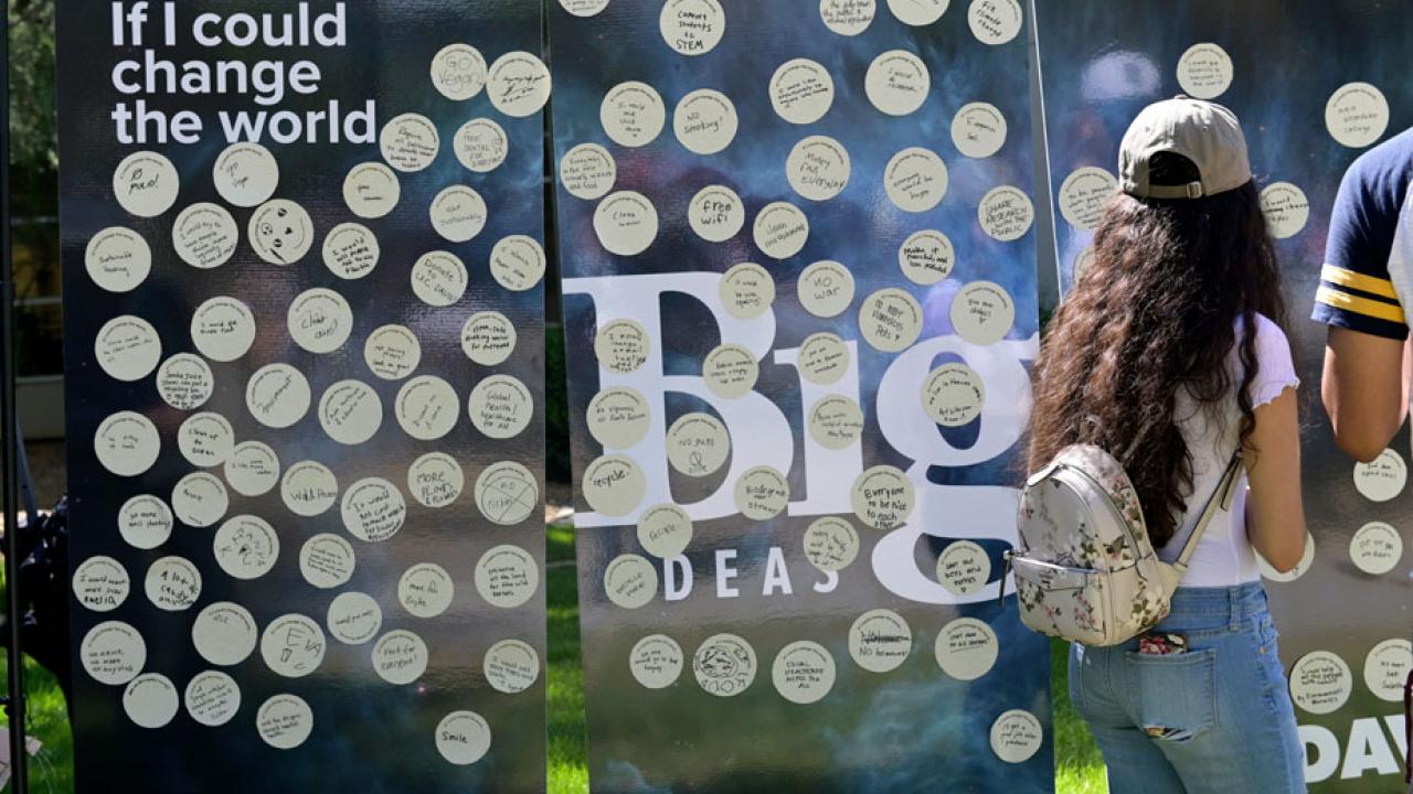 People look at Big Ideas idea board (with Post-it notes attached).