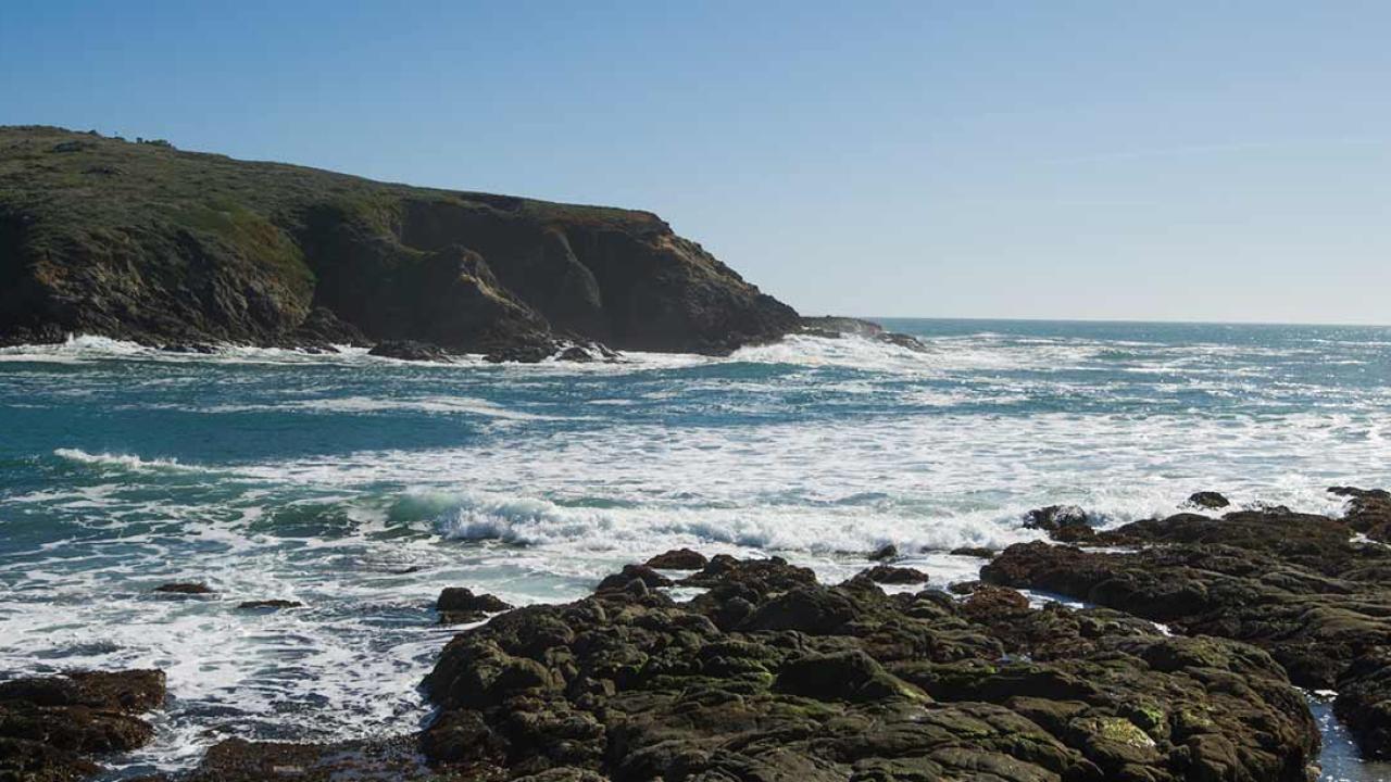Photo: view of headlands and the bay with the ocean beyond at Bodega Bay