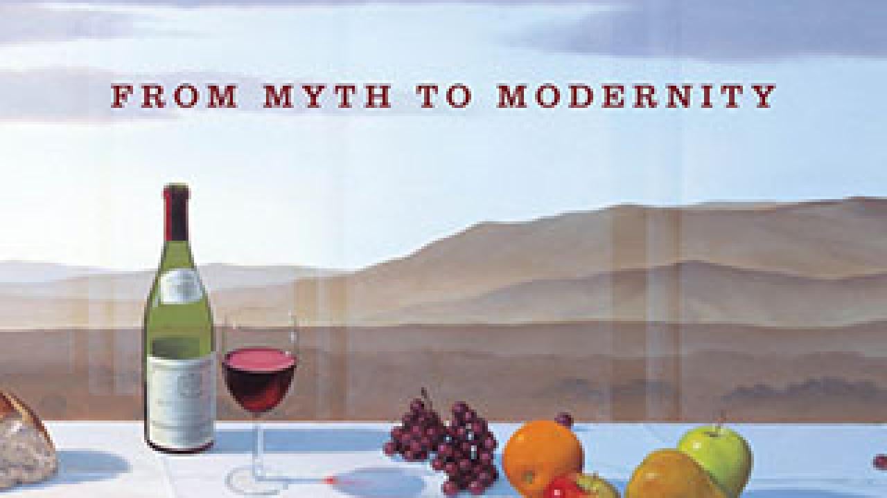 Book cover with a tablecloth, wine and fruit