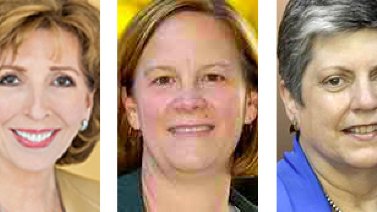 Photos (3): Linda P.B. Katehi, Ann Huff Stevens and Janet Napolitano mugshots