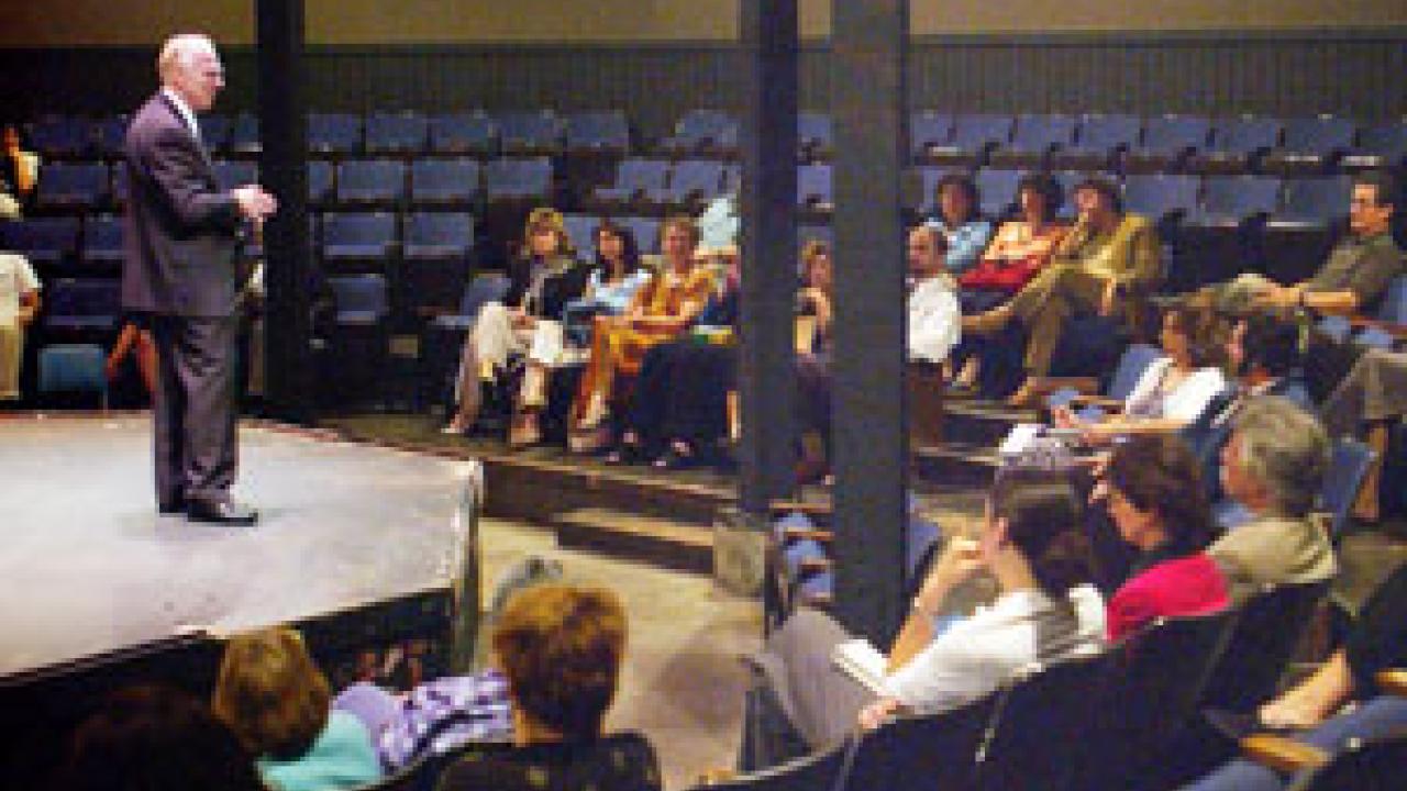 Chancellor Larry Vanderhoef addresses audience members during the recent Brown Bag talk.