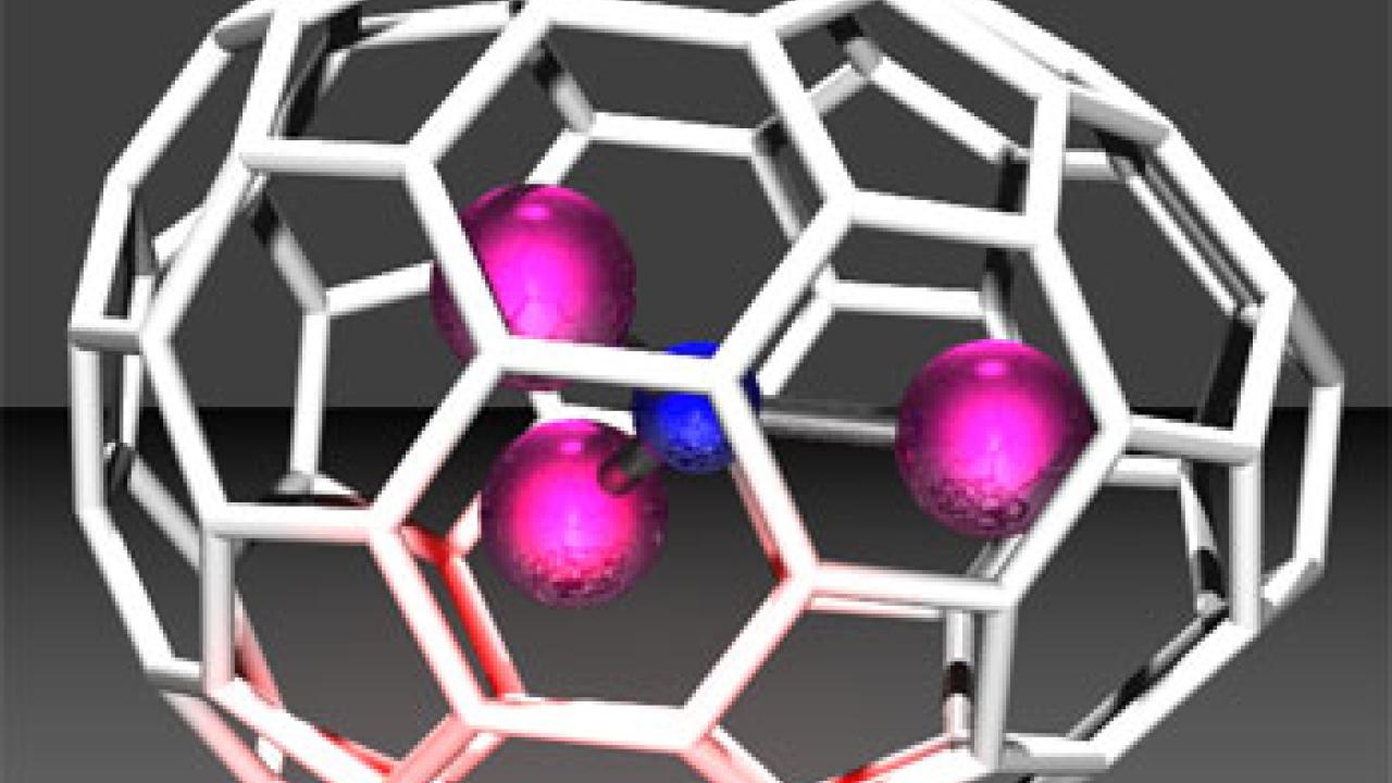 Graphic by graduate student Christine Beavers shows the hexagons
and pentagons that make up the egg-shaped fullerene.