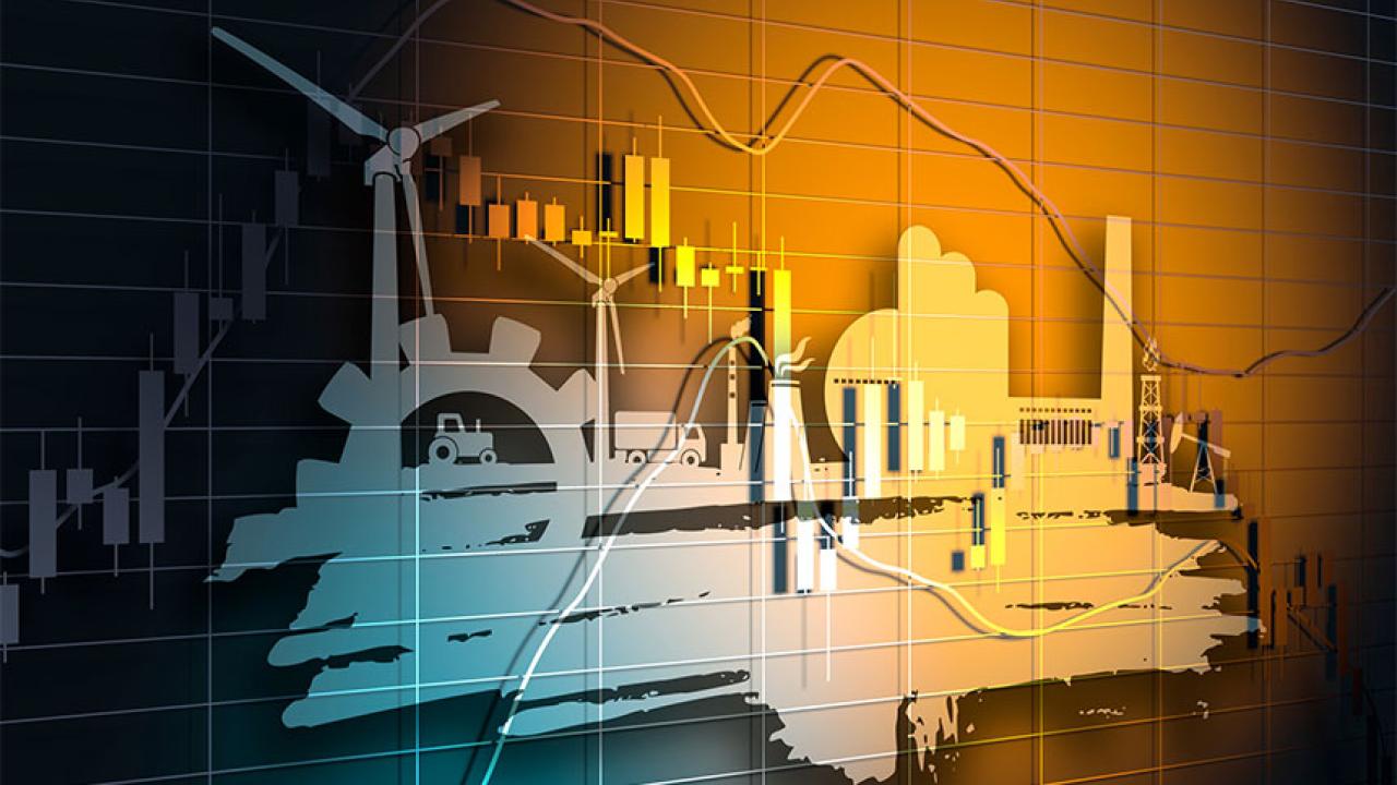 A trading graph with images of a wind turbine and industry