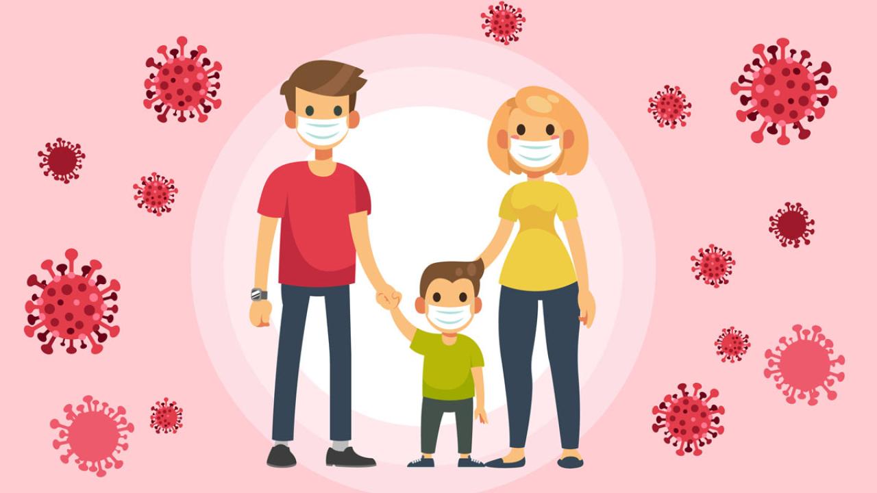Drawing of man and woman and child, all in masks, against a backdrop of molecules of the new cornavirus molecules.