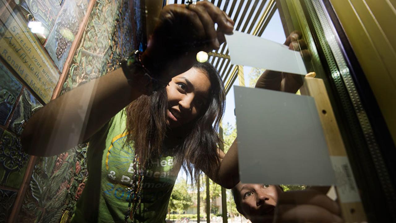 Female attaches window cling on glass