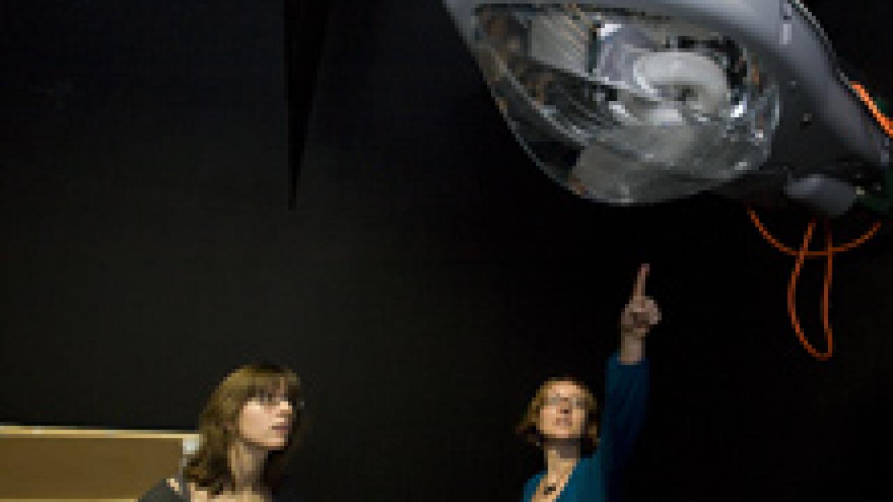 An EverLast streetlight (aptly named the Cobra Head) looms over lighting center outreach director Kelly Cunningham and visiting journalist Debra Kahn at a Jan. 20 open house where visitors saw the shape of things to come in lighting technology a