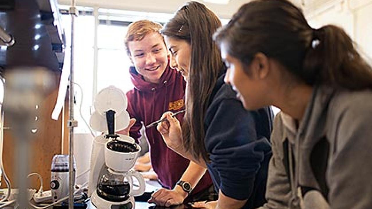 Three students examining a coffee filter