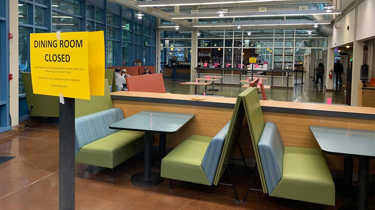 An empty CoHo dining room with sign "dining room closed"
