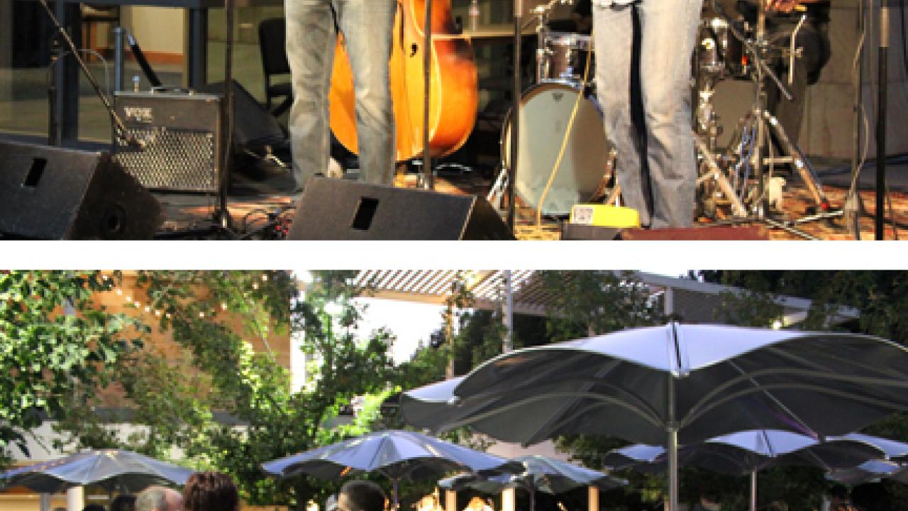Photos (2): West Nile Ramblers perform in the first concert in the Corin Courtyard; and a crowd shot from that event.