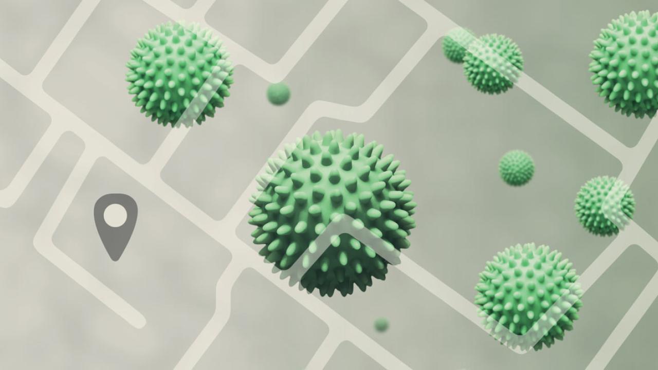 COVID-19 cases marked on a map.