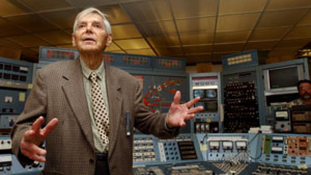 James Moore, 92, reminisces about the cyclotron&rsquo;s past and its value into the future during his return visit to Crocker Nuclear Laboratory last week. Among others who came to help recognize Moore&rsquo;s contribution to the campus was professor em
