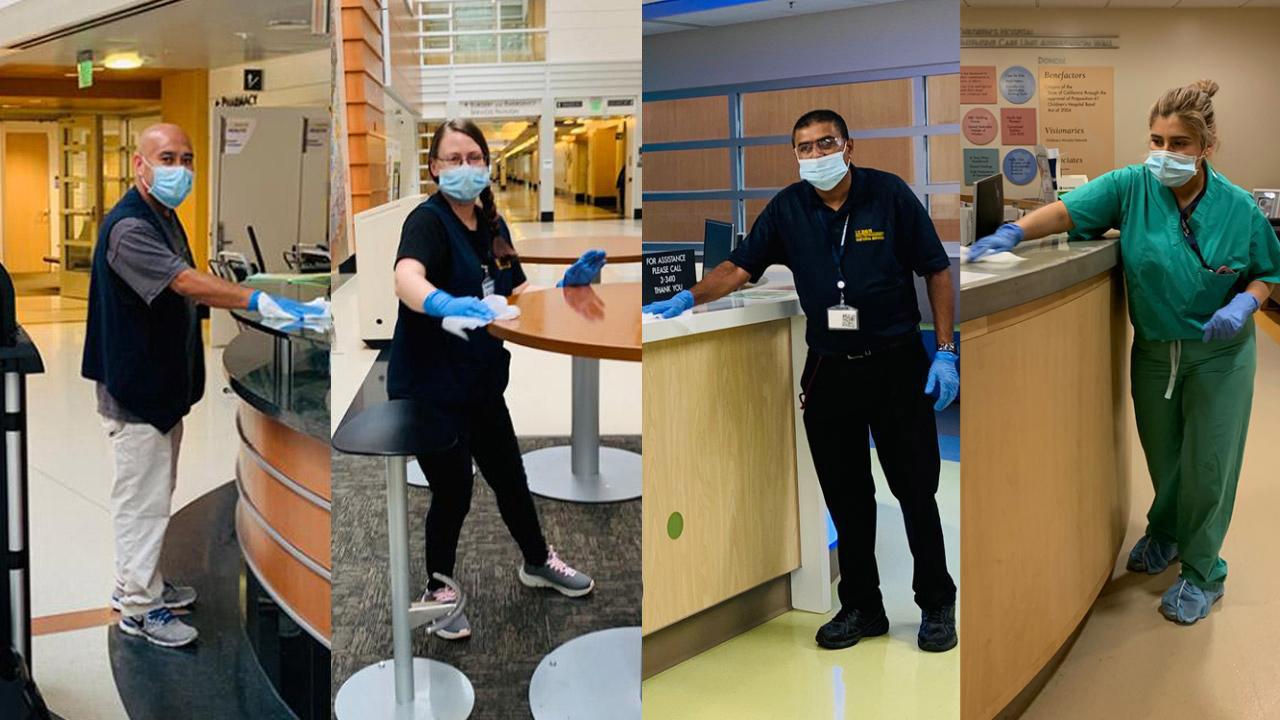 Four custodians cleaning at UC Davis Health.