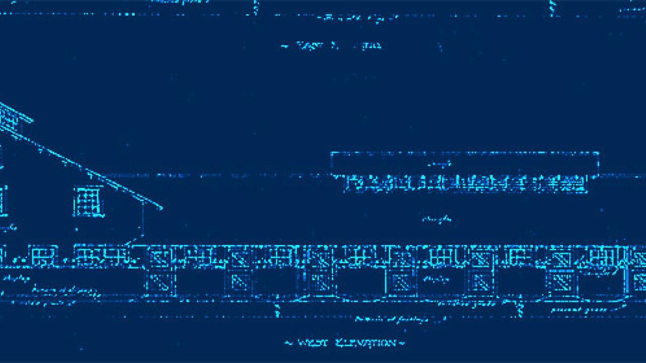 Drawing of a building in a blue background