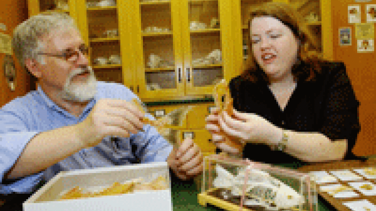 Christyann Darwent, right, examines a specimen with Peter Schulz, a research associate in Darwent&Atilde;s lab who has amassed the largest collection of California fish skeletons &Atilde; all at UC Davis. Darwent&Atilde;s research interests are in animal sk