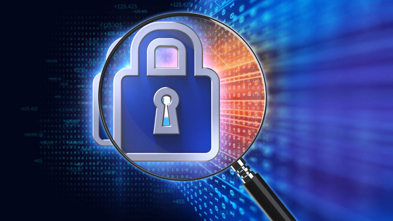 Date privacy graphic: padlock over magnifying glass over computer code