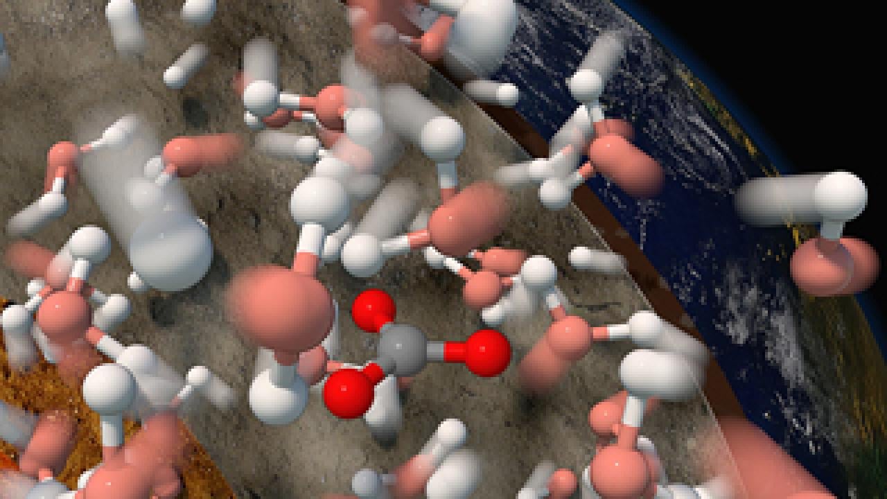 Model of various colored molecules as they dissolve with a cross section of the Earth behind