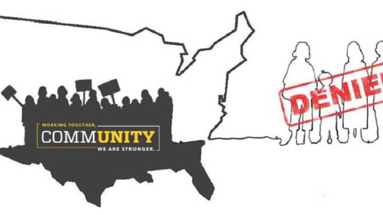 Rally poster with map of U.S. and a "Denied" stamp over four people.