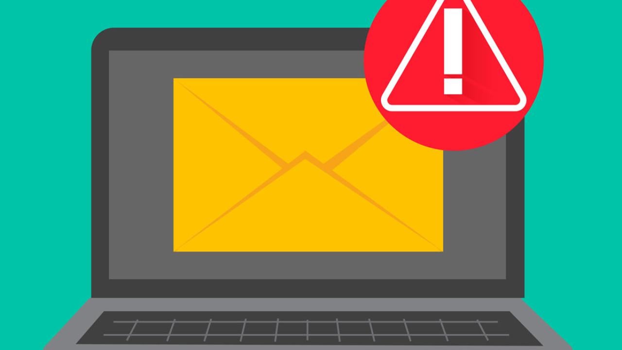 Email symbol on computer screen, with "danger" symbol on top (exclamation point in triangle, in red circlercle on top