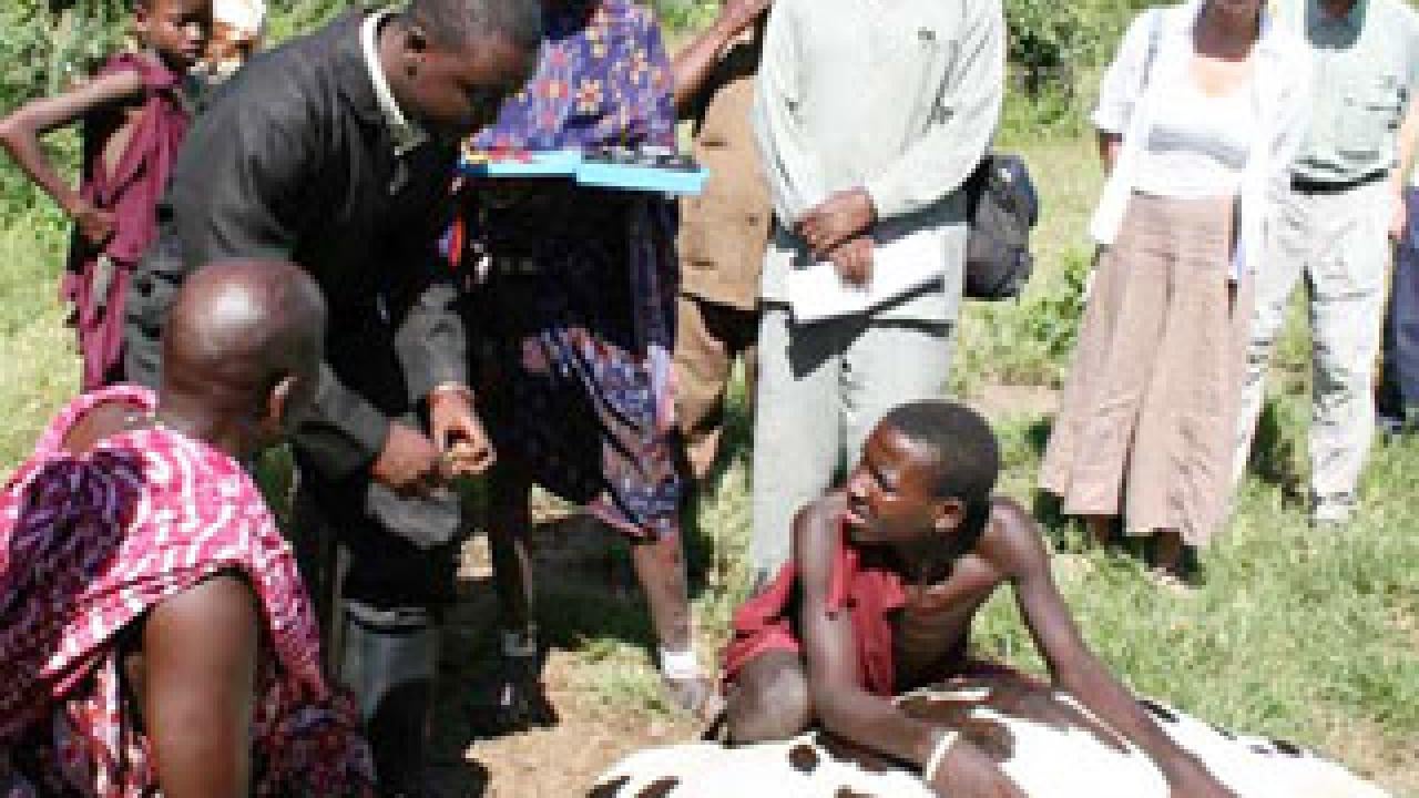 People in Africa surrounding a cow on the ground