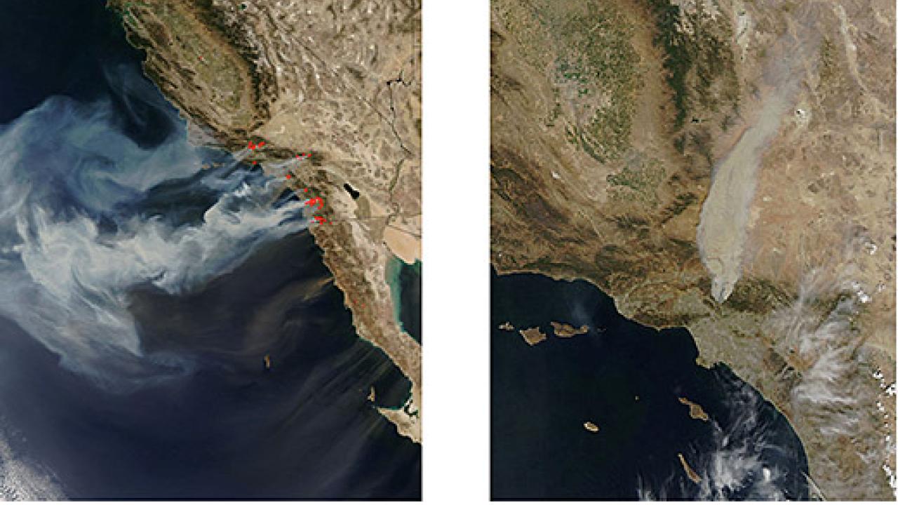 Two photos shot from above earth showing California and fires from 2007 and 2009