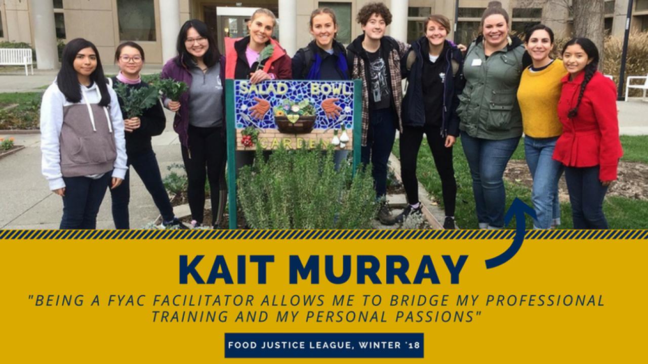 Group of students with facilitator, around Salad Bowl Garden sign