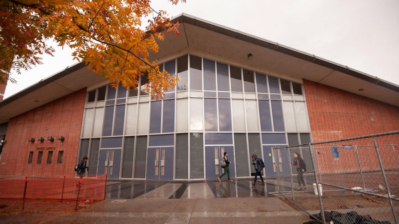 Freeborn Hall, exterior, raindy day