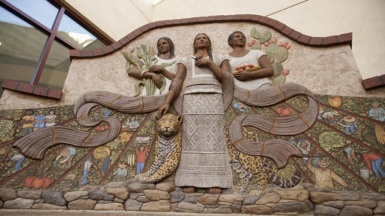 The central figure&rsquo;s rebozo (shawl) opens up to a skirt of agricultural fields, workers, activists, allies and scholars.