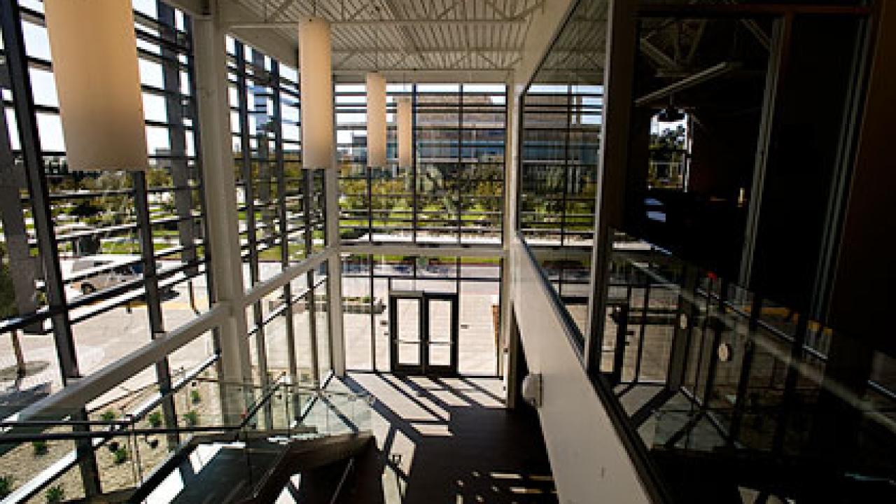 Photo: Inside view of the glass-encased foyer of Gallagher Hall