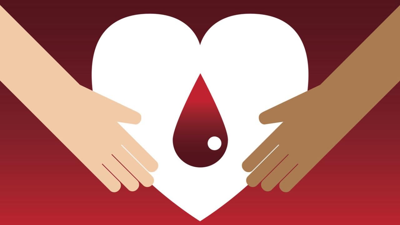 Graphic: Hands holding heart, with a blood drive drop of blood inside the heart.