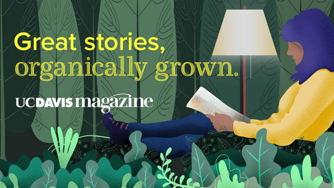 Illustration of a young woman reading a magazine with greenery around her