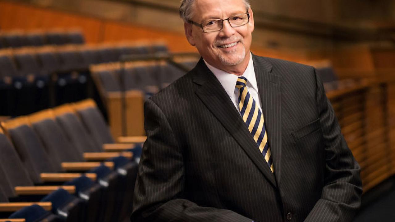 Photo: Music professor emeritus D. Kern Holoman, in Jackson Hall, Mondavi center for the Performing Arts.