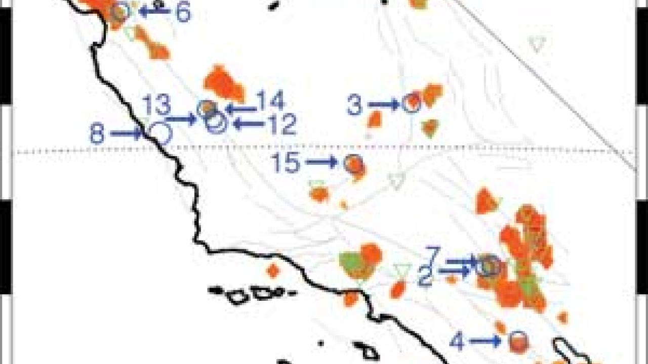 A map of California showing blobs, numbers and circles.