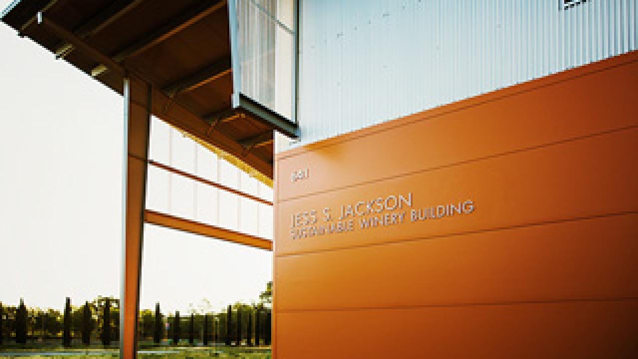 Outside corner of a building with the name "Jess Jackson" on a sign