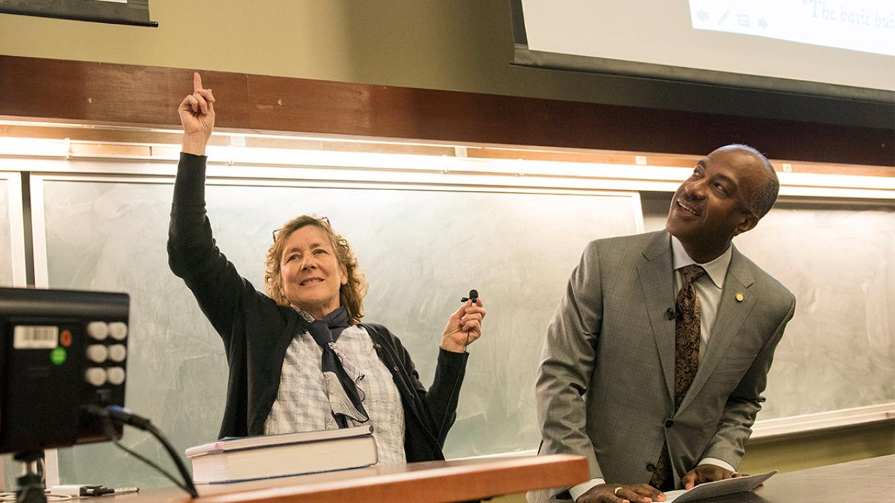 Judy Callis and Chancellor Gary S. May.