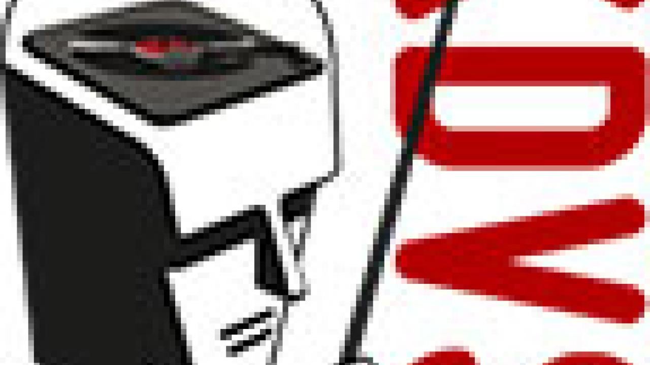 Graphic: KDVS logo (cropped), man holding a baton, and he has a turntable on top of his head