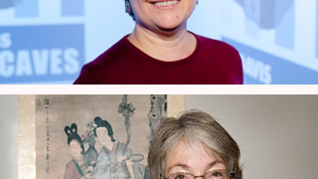 Louise Kellogg posing in KeckCAVES above and Susan Mann in front of an ancient Chinese painting, below