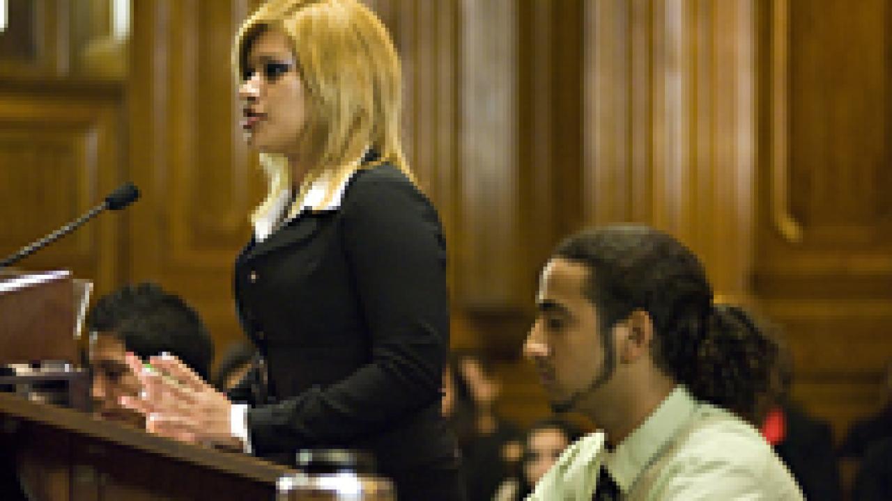 Students Ruby Solis and Moshin Aldabashi, members of the King Hall Outreach Program/Pre-Law Undergraduate Scholars Program, participate in a moot court competition at the state's 3rd District Court of Appeal in Sacramento.