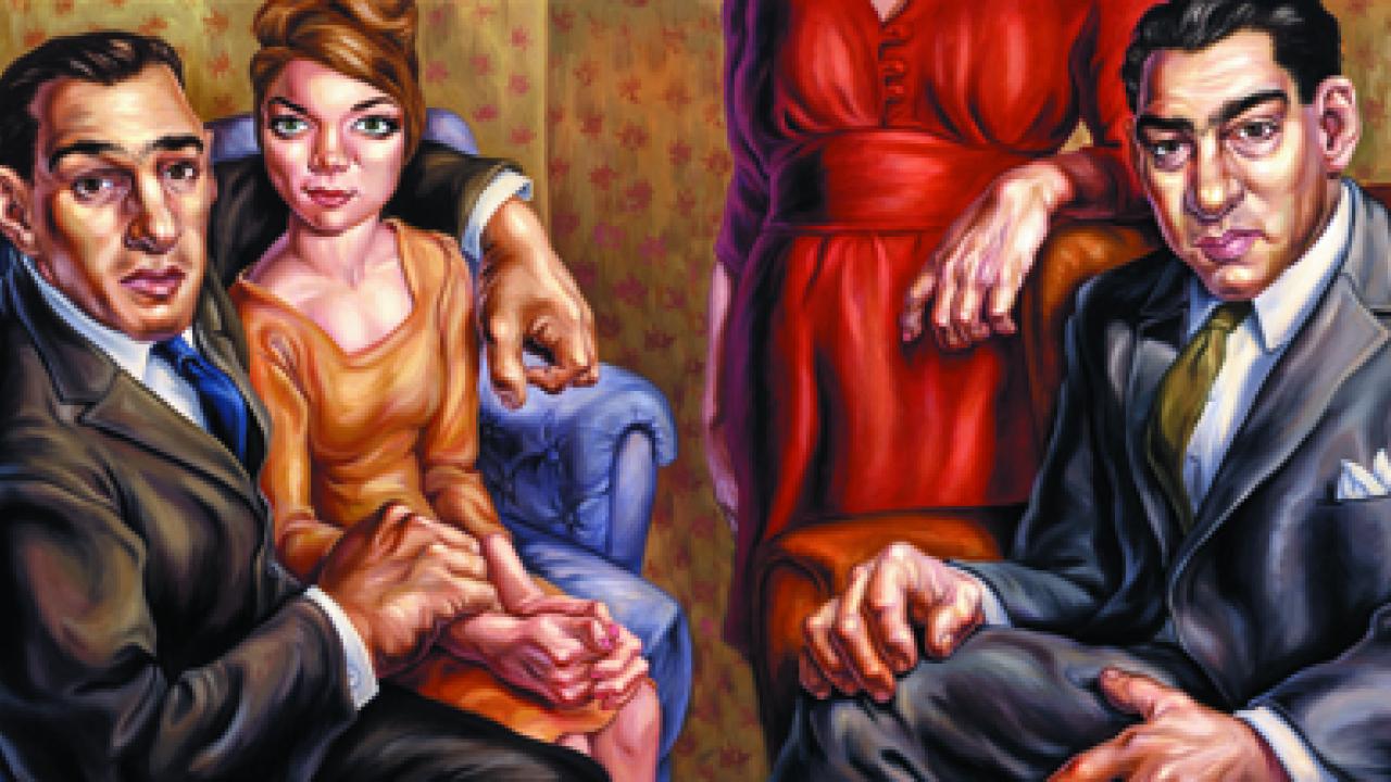 Krays, oil on canvas, 60 inches by 30 inches, by Owen Smith, in his signature pulp fiction, 1930s style of realism.