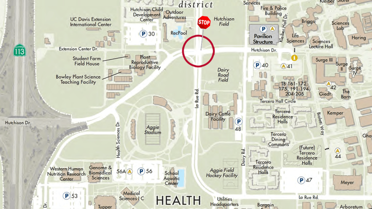 A map showing the La Rue Road and Hutchison Drive intersection at UC Davis.
