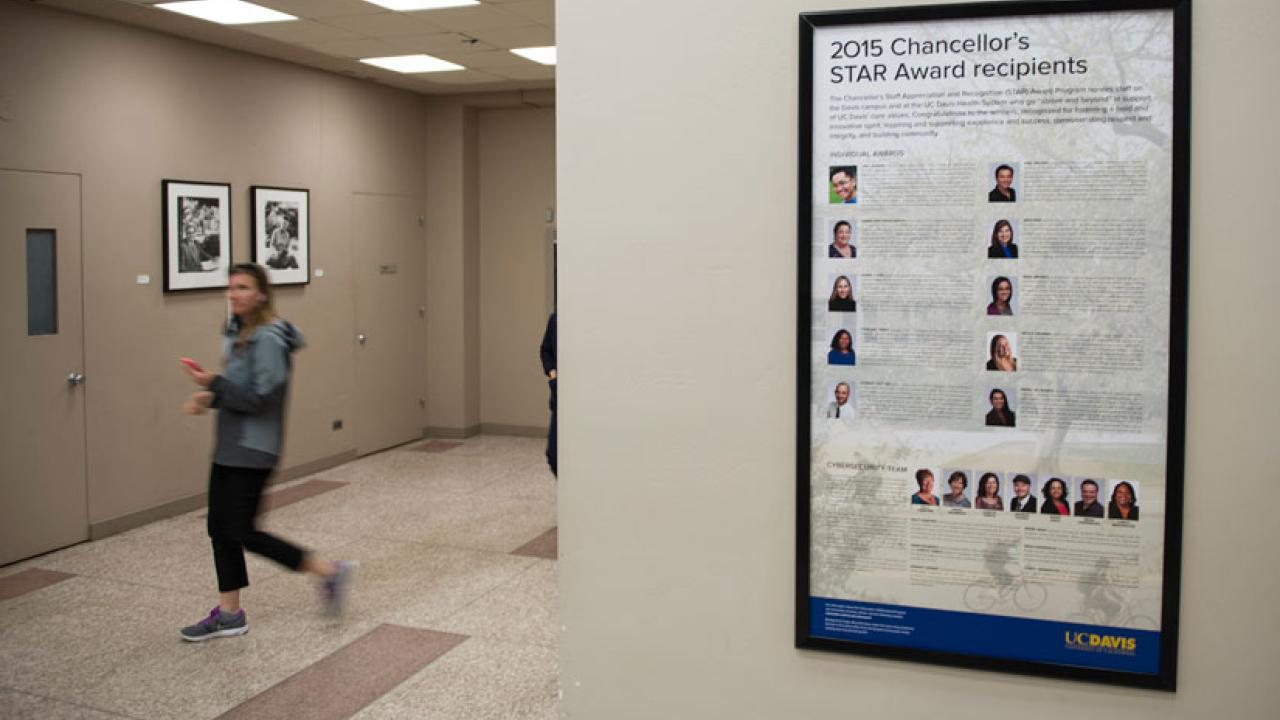 Photo: Chancellor's STAR Awards poster, on wall in Mrak Hall lobby