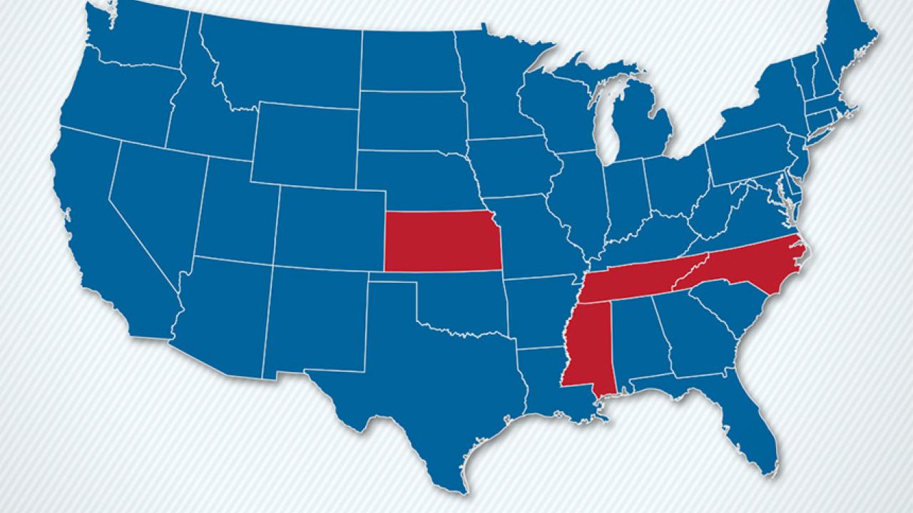 Map of the United States showing Kansas, Mississippi, North Carolina and Tennessee.