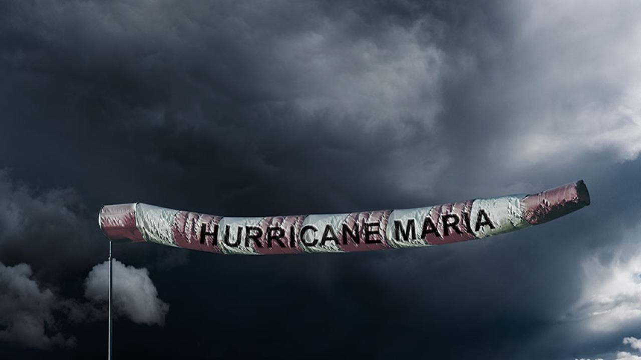 A windsock with Hurricane Maria written on it